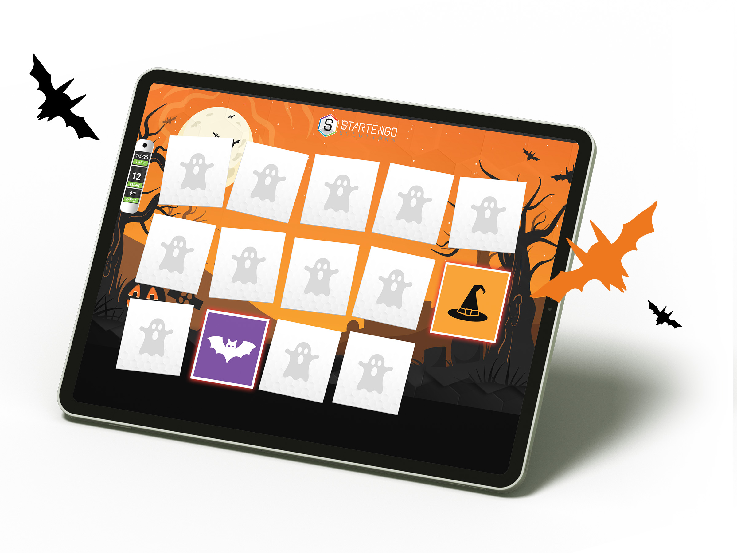 Jeu marketing digital Halloween de type memory sur tablette avec univers graphique Halloween présenté par Startengo Games