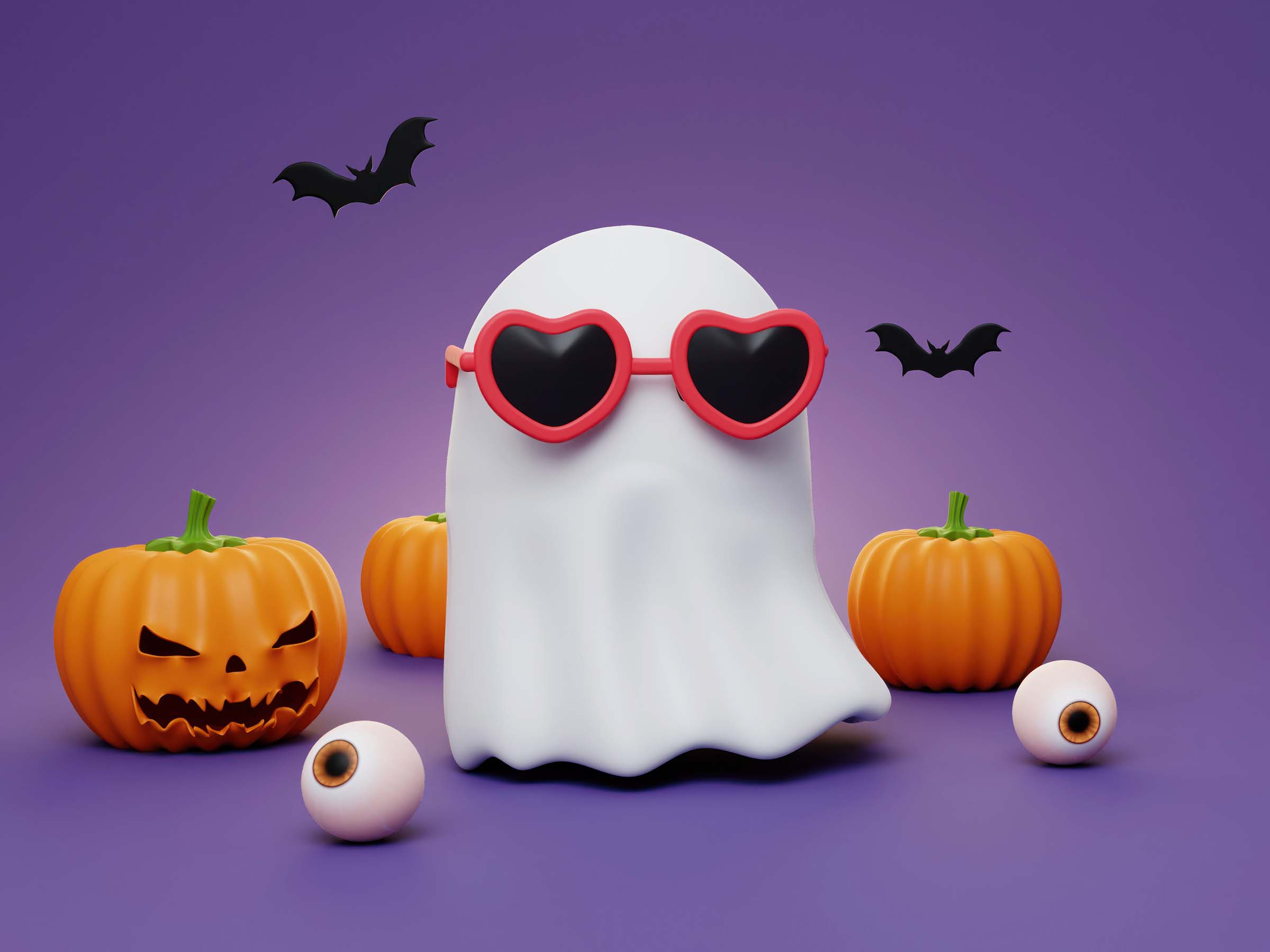 Illustration Halloween avec fantôme, citrouilles et accessoires symbolisant les mécanismes de jeu et de gamification marketing