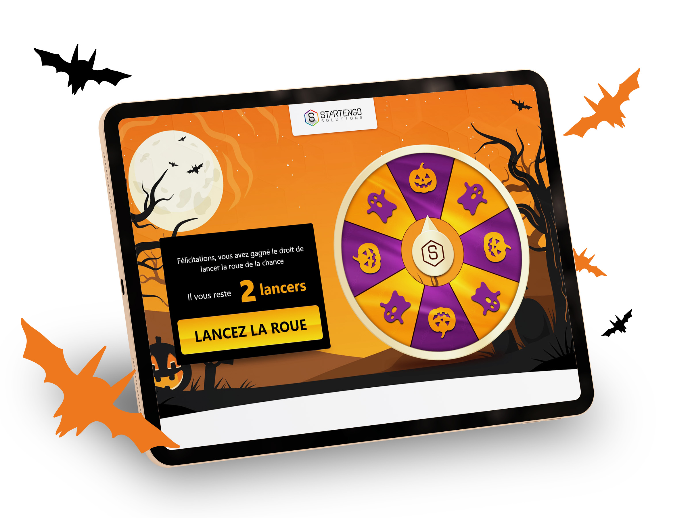 Roue de la chance digitale aux couleurs d'Halloween affichée sur tablette pour une campagne de gamification marketing