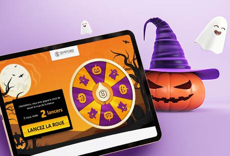 Roue de la chance digitale Halloween sur tablette illustrant une campagne de gamification marketing pour engager clients et prospects
